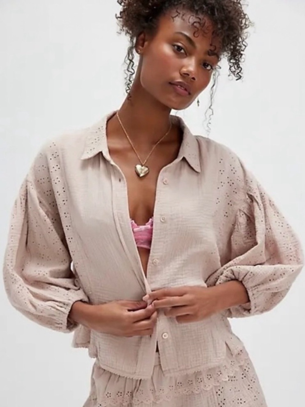 Free People Dainty Ethereal Cottage Eyelet Lace Full Bloom Shirt Rose Dust Large